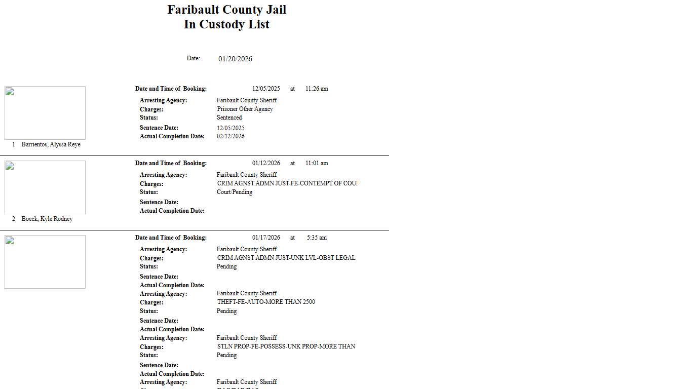 Custody List - Faribault County Jail